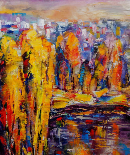 Autumn in the suburbs original painting by Leonardas Černiauskas. Lithuanian Landscape Paintings