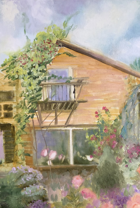 Peaceful courtyard landscape with roses original painting by Rasa Staskonytė. Home