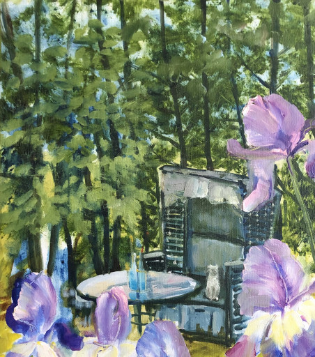 Peaceful courtyard landscape with irises original painting by Rasa Staskonytė. Home