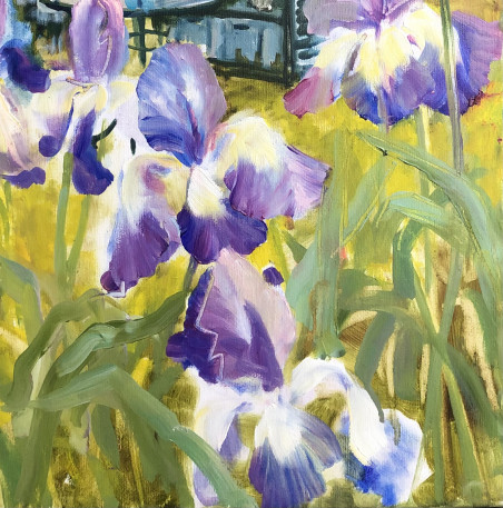 Peaceful courtyard landscape with irises original painting by Rasa Staskonytė. Home