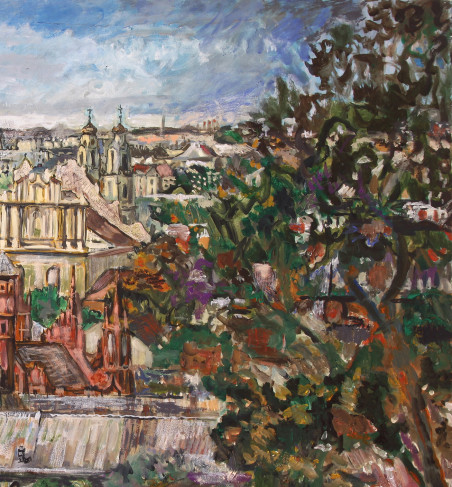 Vilnius view from Bekešas mountain original painting by Daumantas Tomas Pilipavičius. Urbanistic - Cityscape