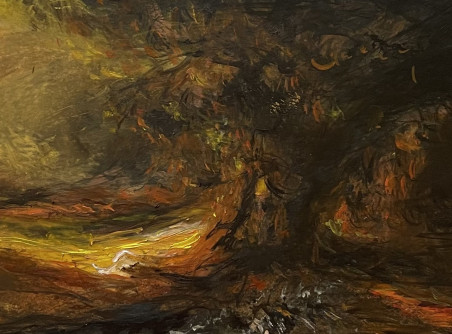 Burning Tree (inspired by Rembrandt "Landscape with a Good Samaritan") original painting by Daiva Karaliūtė. Miniature