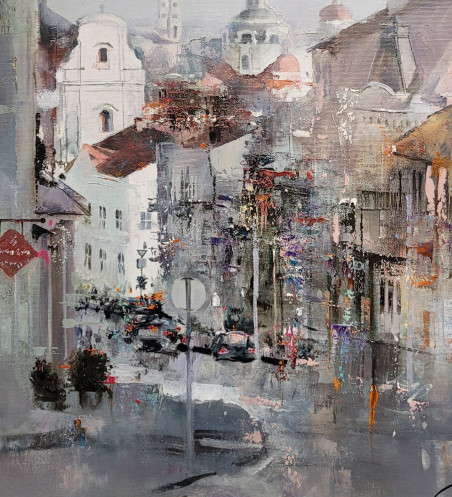 City chaos original painting by Rolandas Mociūnas. Urbanistic - Cityscape