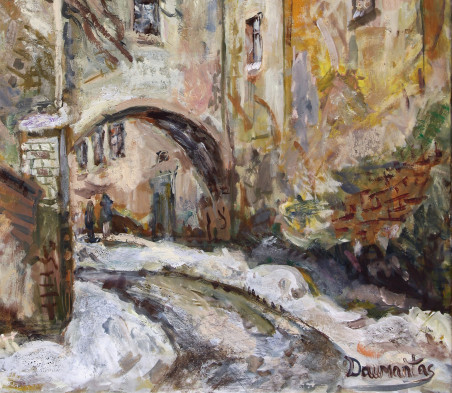 St. Kazimieras str. in winter original painting by Daumantas Tomas Pilipavičius. Urbanistic - Cityscape