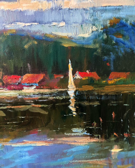 Sleepy morning by the lagoon original painting by Valentinas Varnas. Home