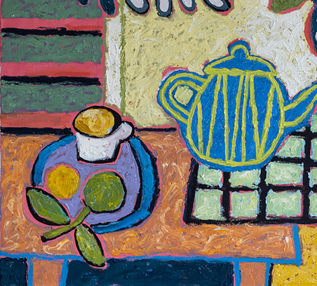 A teapot on a background of green leaves original painting by Vytautas Jūrevičius. Still-Life