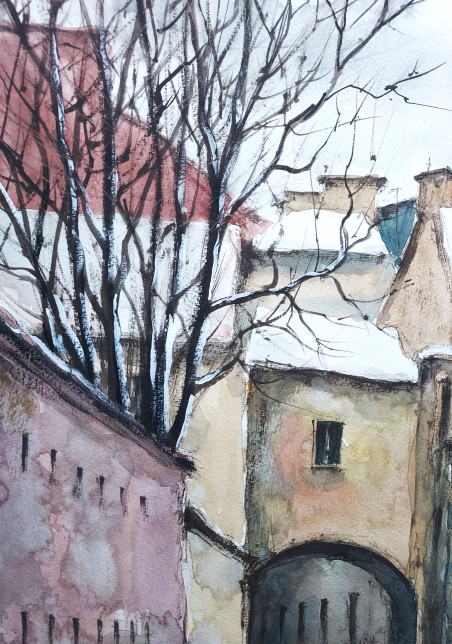 St. Kazimieras Street original painting by Eugis Eidukaitis. Urbanistic - Cityscape