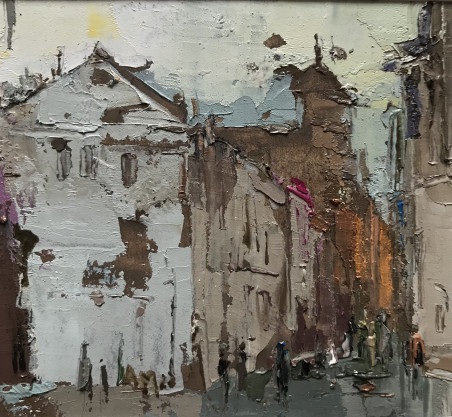 Narrow street original painting by Aidaras Merkevičius. Urbanistic - Cityscape