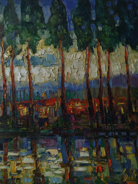 Cottages by the river original painting by Simonas Gutauskas. Lithuanian Landscape Paintings