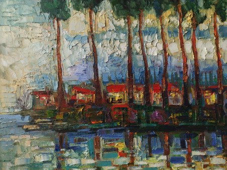 Cottages by the river original painting by Simonas Gutauskas. Lithuanian Landscape Paintings