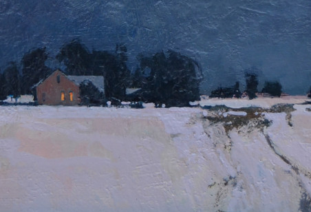 Winter evening original painting by Vytautas Laisonas. Lithuanian Landscape Paintings