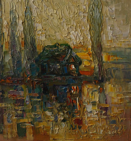 House by the River original painting by Simonas Gutauskas. Lithuanian Landscape Paintings