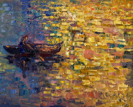 Boat next to the blue bridge original painting by Simonas Gutauskas. Home