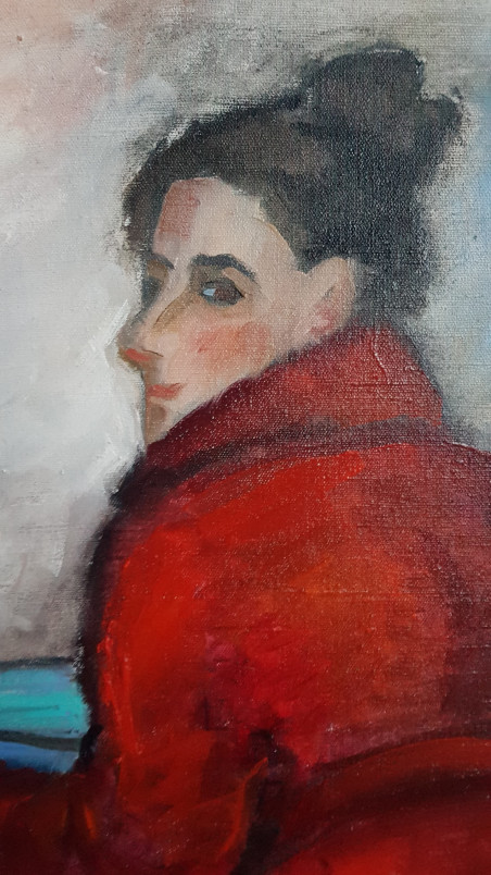 Woman in a red robe original painting by Nomeda Balasevičiūtė. Home