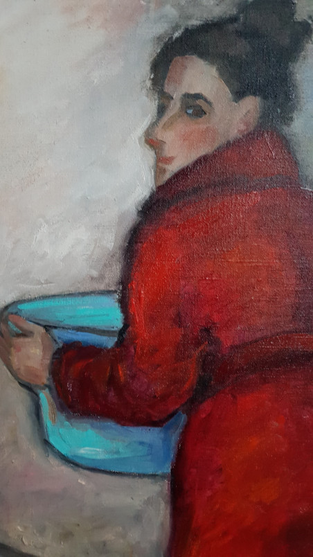 Woman in a red robe original painting by Nomeda Balasevičiūtė. Home