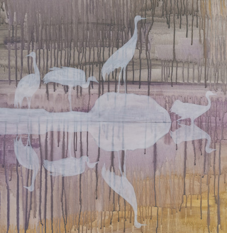 Cranes in the swamp original painting by Laura Aitmanė. Home