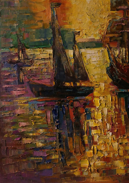 Golden ports I original painting by Simonas Gutauskas. Marine Art