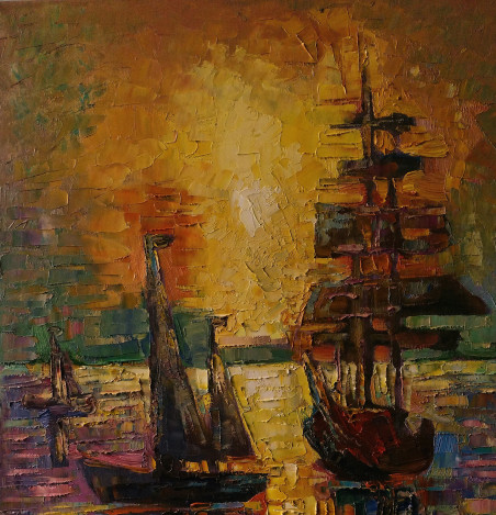 Golden ports I original painting by Simonas Gutauskas. Marine Art