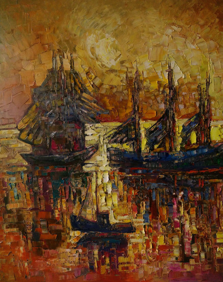 Golden ports II original painting by Simonas Gutauskas. Marine Art