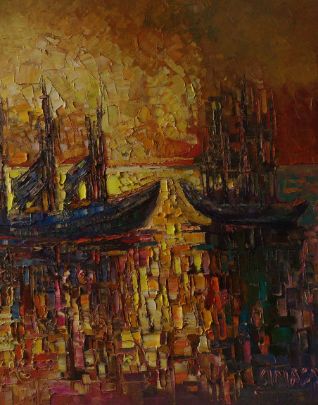 Golden ports II original painting by Simonas Gutauskas. Marine Art