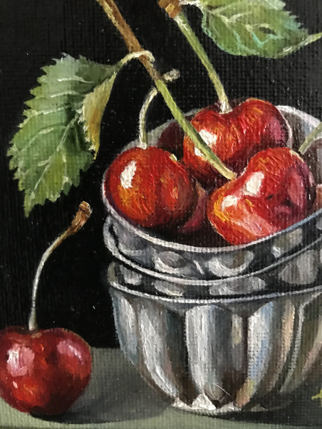 A jar of cherries original painting by Sigita Paulauskienė. Still-Life