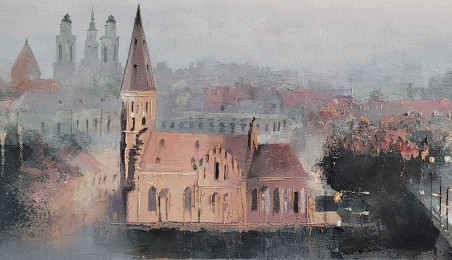 The fog is clearing original painting by Rolandas Mociūnas. Urbanistic - Cityscape