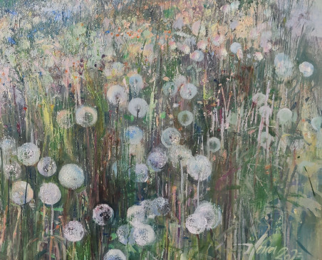 Swimming in the sea of sow-thistle original painting by Ilona Žvinakienė. Lithuanian Landscape Paintings