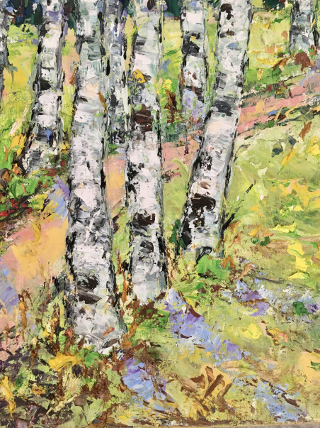 Birch trees path original painting by Vilma Gataveckienė. Lithuanian Landscape Paintings