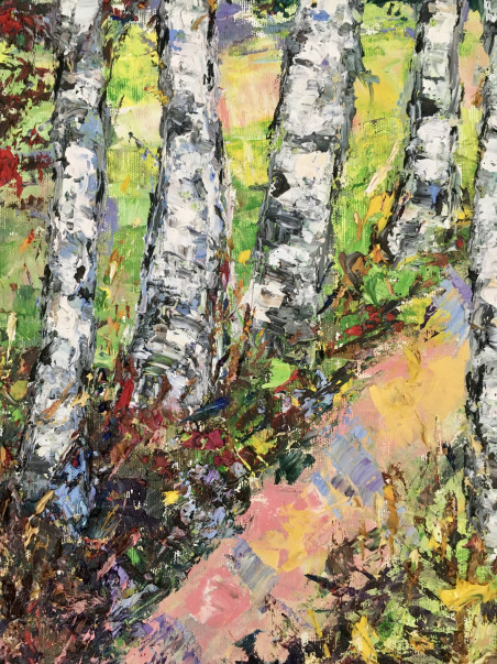 Birch trees path original painting by Vilma Gataveckienė. Lithuanian Landscape Paintings