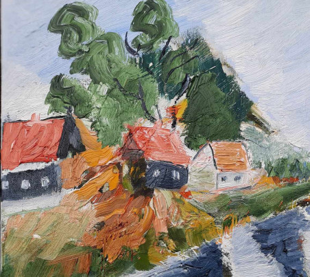 Cottages near Kuršmarės original painting by Gitas Markutis. Home