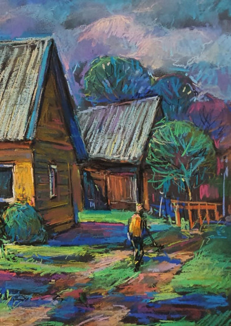 Village in Molėtai district original painting by Dmytro Hunts. Home