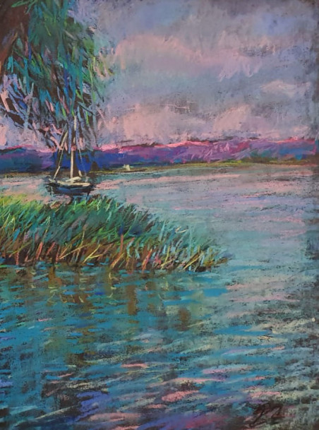 Boat in the lake original painting by Dmytro Hunts. Lithuanian Landscape Paintings