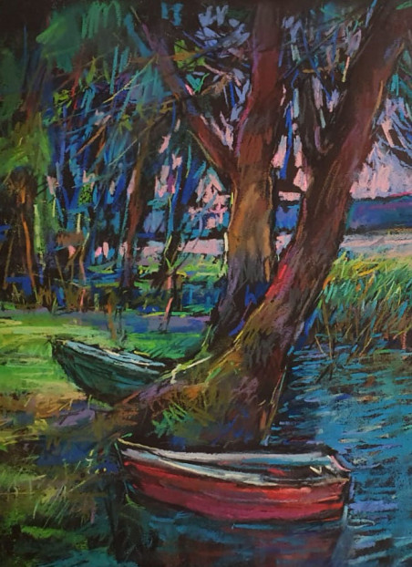 Boat in the lake original painting by Dmytro Hunts. Lithuanian Landscape Paintings