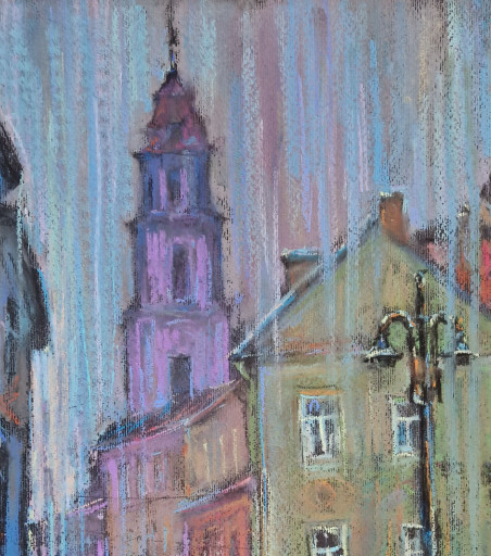 St. John's bell tower in the rain original painting by Dmytro Hunts. Lithuanian Landscape Paintings