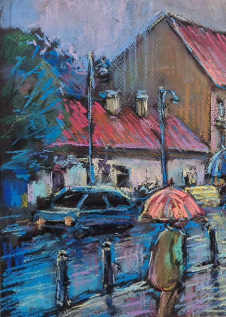 Summer rain in the old town of Vilnius original painting by Dmytro Hunts. Lithuanian Landscape Paintings