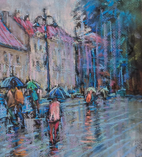 Summer rain in the old town of Vilnius original painting by Dmytro Hunts. Lithuanian Landscape Paintings