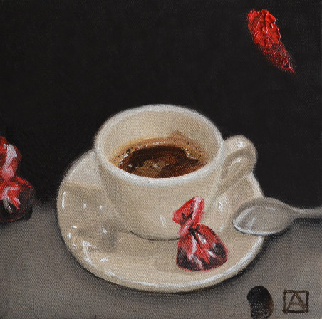 Coffee and two sweets original painting by Artūras Braziūnas. Home