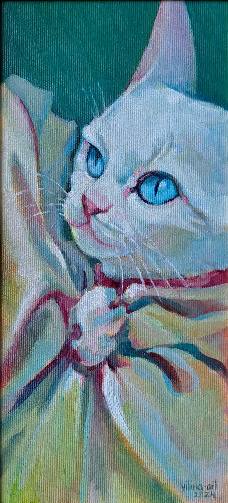 White Cat original painting by Lina Videckienė. Home