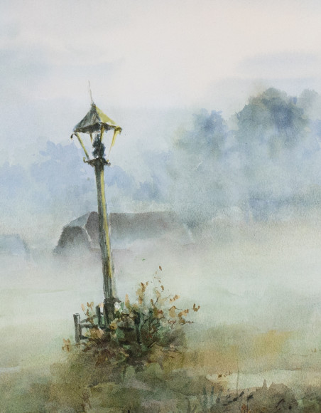 Chapel Pillar Near the Old Village original painting by Anatolijus Ščiogolevas. Lithuanian Landscape Paintings