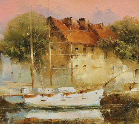 Klaipėda Sailing Ship original painting by Rimantas Grigaliūnas. Marine Art