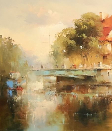 Birža Bridge original painting by Rimantas Grigaliūnas. Urbanistic - Cityscape