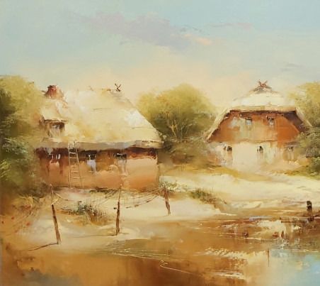 Old Fishing Village original painting by Rimantas Grigaliūnas. Marine Art