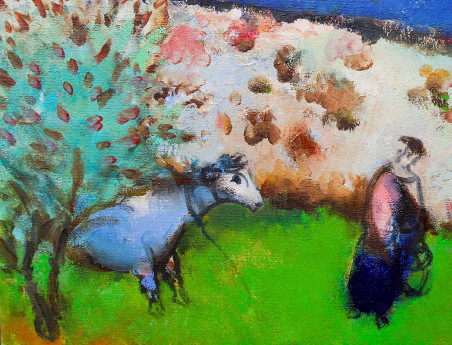 Leading A Cow original painting by Jonas Daniliauskas. Home