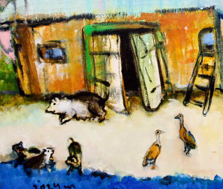 In the Yard original painting by Jonas Daniliauskas. Home