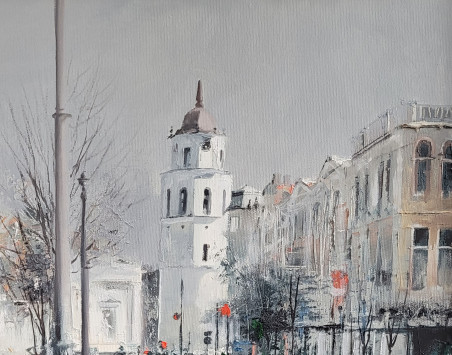 Towards the Cathedral original painting by Rolandas Mociūnas. Urbanistic - Cityscape