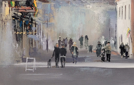 Morning On Vilnius Street original painting by Rolandas Mociūnas. Paintings for living room