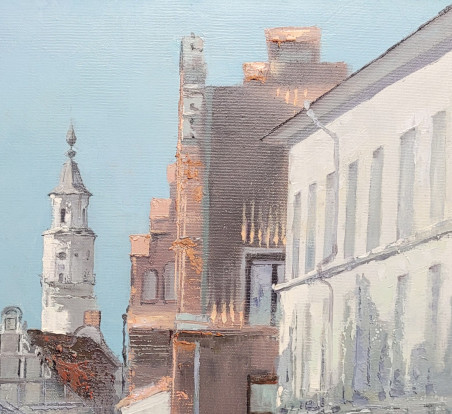 Morning On Vilnius Street original painting by Rolandas Mociūnas. Paintings for living room