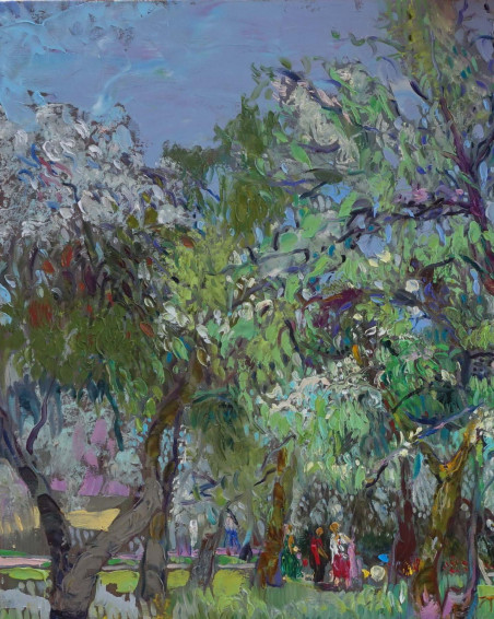 Blooming Gardens, Apple Trees I original painting by Šarūnas Šarkauskas. Lithuanian Landscape Paintings