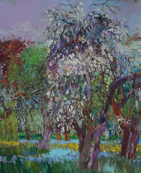 Blooming Gardens, Apple Trees II original painting by Šarūnas Šarkauskas. Lithuanian Landscape Paintings