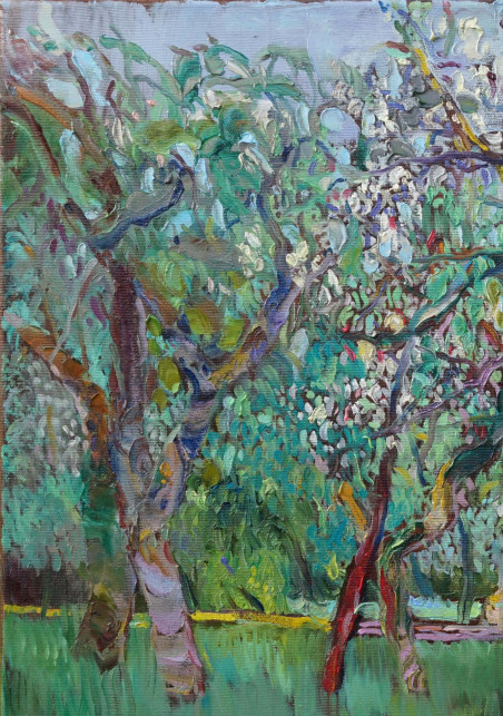 Blooming Gardens, Apple Trees III original painting by Šarūnas Šarkauskas. Lithuanian Landscape Paintings